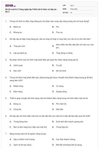 Đề thi cuối kì 2 Công nghệ lớp 5 Kết nối tri thức có đáp án - Đề 3