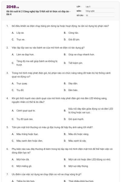 Đề thi cuối kì 2 Công nghệ lớp 5 Kết nối tri thức có đáp án - Đề 4