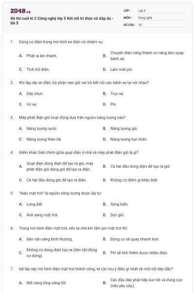 Đề thi cuối kì 2 Công nghệ lớp 5 Kết nối tri thức có đáp án - Đề 5