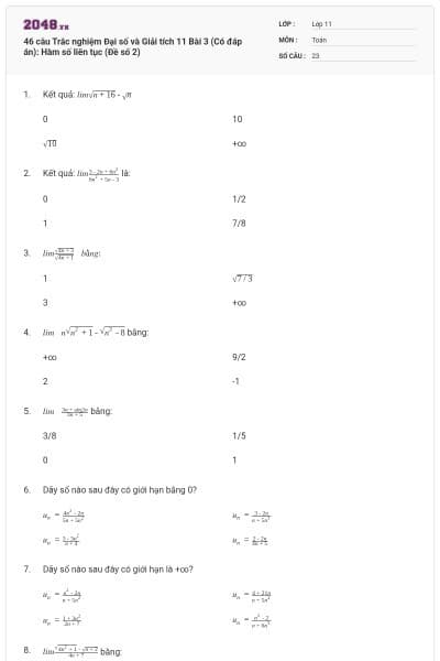 46 câu Trắc nghiệm Đại số và Giải tích 11 Bài 3 (Có đáp án): Hàm số liên tục (Đề số 2)