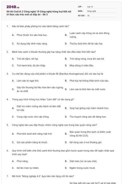 Đề thi Cuối kì 2 Công nghệ 10 Công nghệ trồng trọt Kết nối tri thức cấu trúc mới có đáp án - Đề 3
