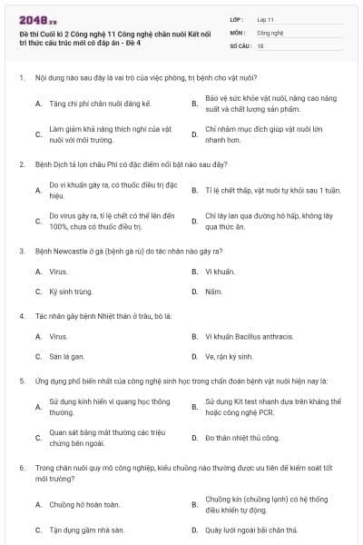 Đề thi Cuối kì 2 Công nghệ 11 Công nghệ chăn nuôi Kết nối tri thức cấu trúc mới có đáp án - Đề 4