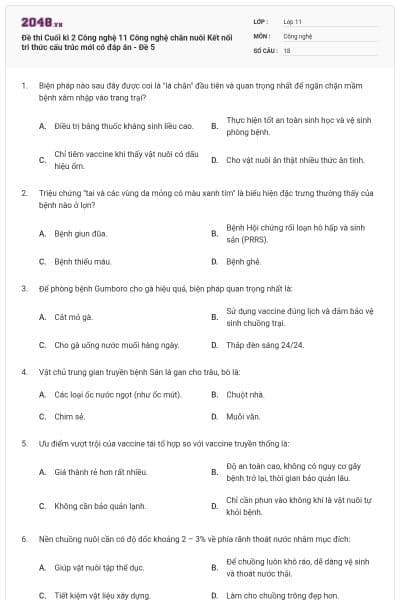 Đề thi Cuối kì 2 Công nghệ 11 Công nghệ chăn nuôi Kết nối tri thức cấu trúc mới có đáp án - Đề 5