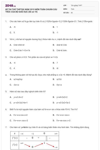 ĐỀ THI THỬ THPTQG NĂM 2019 MÔN TOÁN CHUẨN CẤU TRÚC CỦA BỘ GIÁO DỤC (Đề số 19)