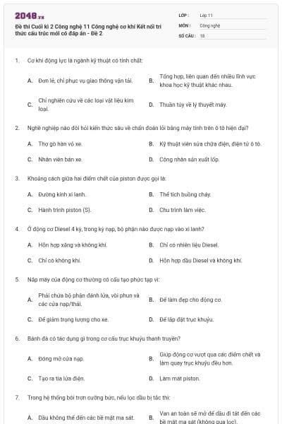 Đề thi Cuối kì 2 Công nghệ 11 Công nghệ cơ khí Kết nối tri thức cấu trúc mới có đáp án - Đề 2