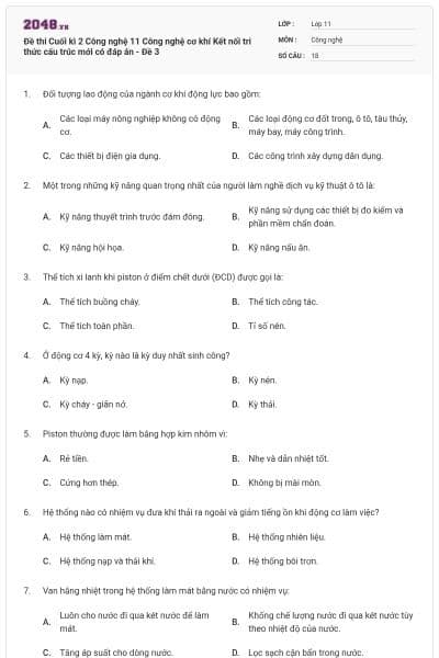 Đề thi Cuối kì 2 Công nghệ 11 Công nghệ cơ khí Kết nối tri thức cấu trúc mới có đáp án - Đề 3