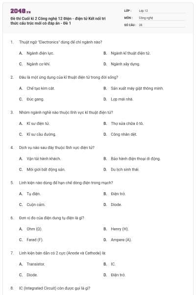 Đề thi Cuối kì 2 Công nghệ 12 Điện - điện tử Kết nối tri thức cấu trúc mới có đáp án - Đề 1