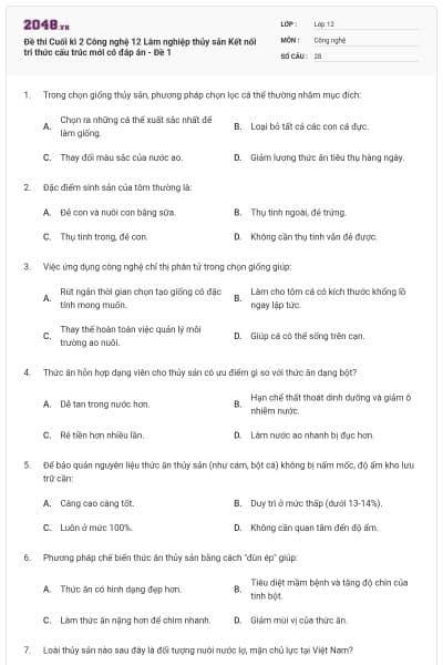 Đề thi Cuối kì 2 Công nghệ 12 Lâm nghiệp thủy sản Kết nối tri thức cấu trúc mới có đáp án - Đề 1