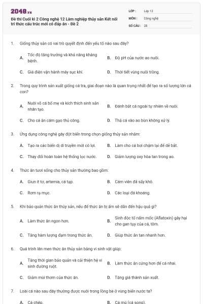 Đề thi Cuối kì 2 Công nghệ 12 Lâm nghiệp thủy sản Kết nối tri thức cấu trúc mới có đáp án - Đề 2