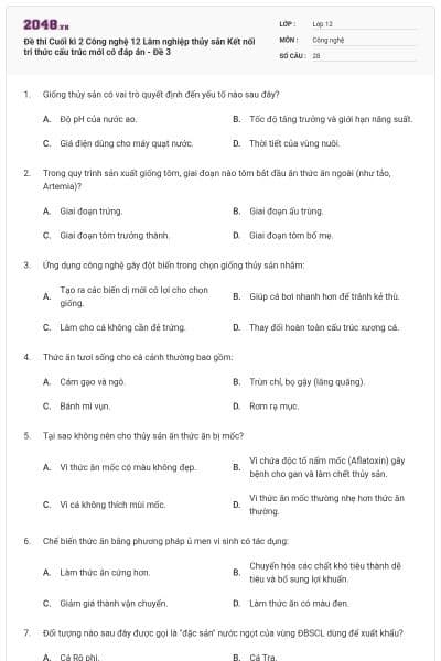 Đề thi Cuối kì 2 Công nghệ 12 Lâm nghiệp thủy sản Kết nối tri thức cấu trúc mới có đáp án - Đề 3