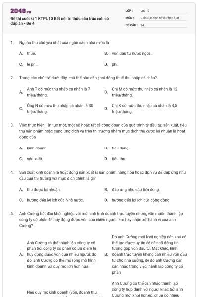 Đề thi cuối kì 1 KTPL 10 Kết nối tri thức cấu trúc mới có đáp án - Đề 4
