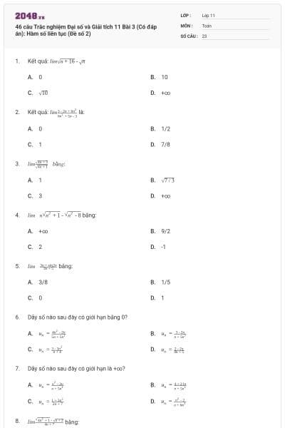 46 câu Trắc nghiệm Đại số và Giải tích 11 Bài 3 (Có đáp án): Hàm số liên tục (Đề số 2)