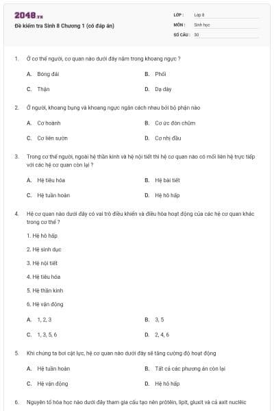 Đề kiểm tra Sinh 8 Chương 1 (có đáp án)