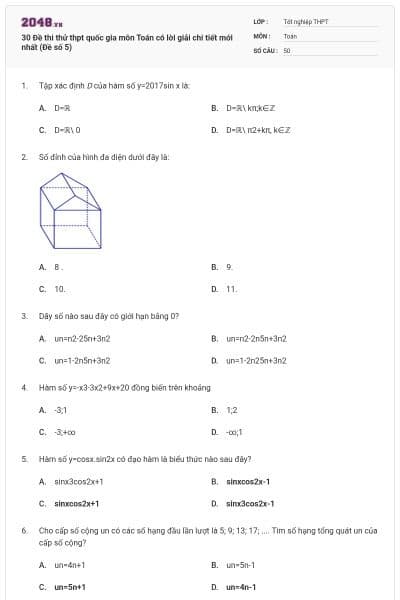 30 Đề thi thử thpt quốc gia môn Toán có lời giải chi tiết mới nhất (Đề số 5)