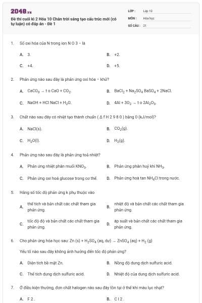 Đề thi cuối kì 2 Hóa 10 Chân trời sáng tạo cấu trúc mới (có tự luận) có đáp án - Đề 1