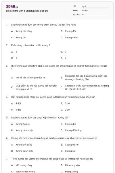 Đề kiểm tra Sinh 8 Chương 2 (có đáp án)