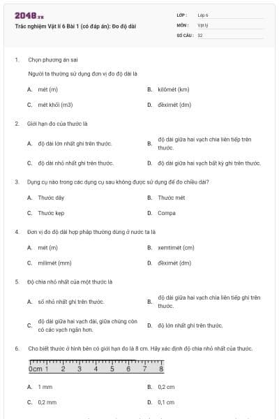 Trắc nghiệm Vật lí 6 Bài 1 (có đáp án): Đo độ dài