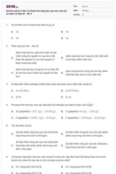 Đề thi cuối kì 2 Hóa 10 Chân trời sáng tạo cấu trúc mới (có tự luận) có đáp án - Đề 3
