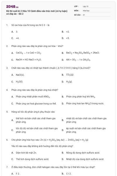 Đề thi cuối kì 2 Hóa 10 Cánh diều cấu trúc mới (có tự luận) có đáp án - Đề 2