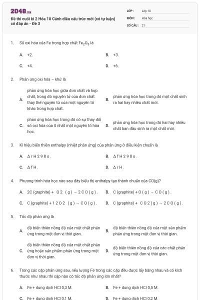 Đề thi cuối kì 2 Hóa 10 Cánh diều cấu trúc mới (có tự luận) có đáp án - Đề 3