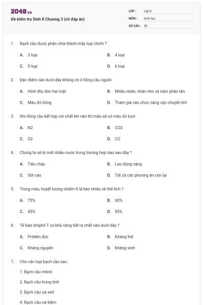 Đề kiểm tra Sinh 8 Chương 3 (có đáp án)
