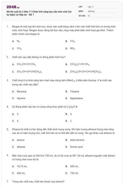 Đề thi cuối kì 2 Hóa 11 Chân trời sáng tạo cấu trúc mới (có tự luận) có đáp án - Đề 1