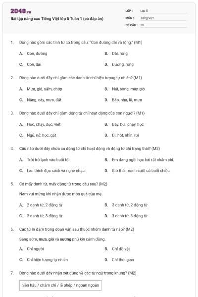 Bài tập nâng cao Tiếng Việt lớp 5 Tuần 1 (có đáp án)