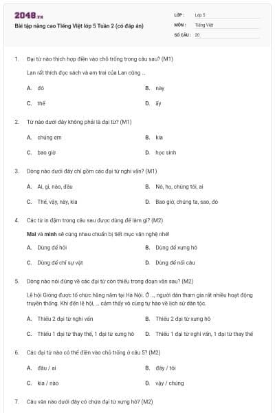 Bài tập nâng cao Tiếng Việt lớp 5 Tuần 2 (có đáp án)