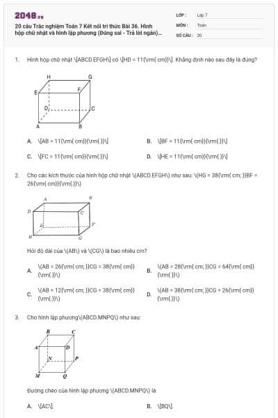 20 câu Trắc nghiệm Toán 7 Kết nối tri thức Bài 36. Hình hộp chữ nhật và hình lập phương (Đúng sai - Trả lời ngắn) có đáp án