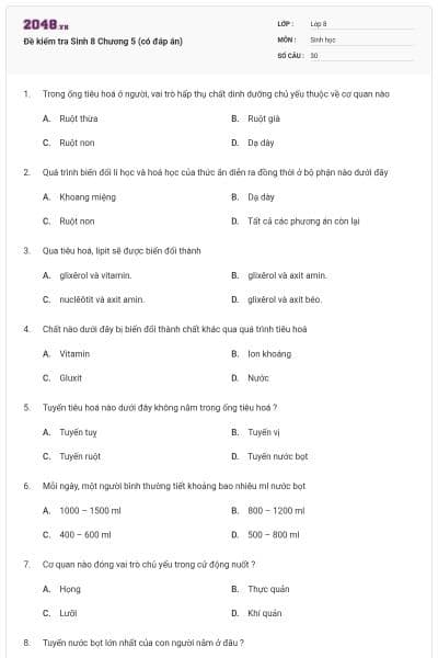 Đề kiểm tra Sinh 8 Chương 5 (có đáp án)