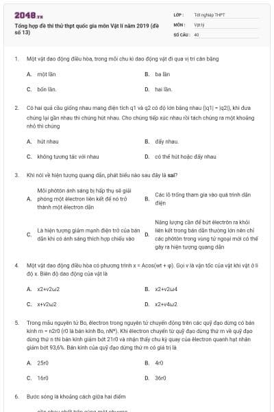 Tổng hợp đề thi thử thpt quốc gia môn Vật lí năm 2019 (đề số 13)