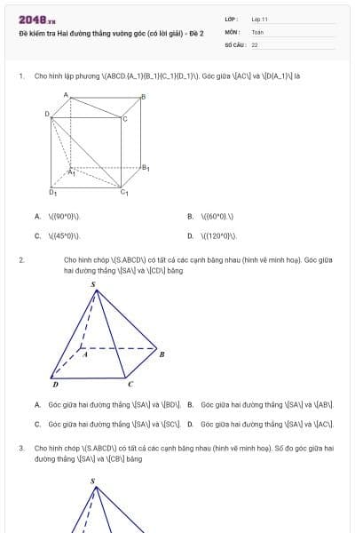 Đề kiểm tra Hai đường thẳng vuông góc (có lời giải) - Đề 2