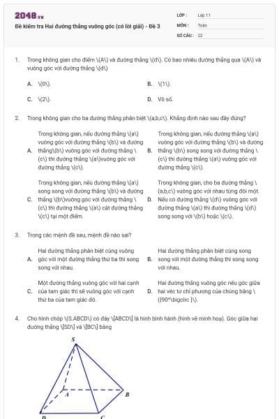 Đề kiểm tra Hai đường thẳng vuông góc (có lời giải) - Đề 3