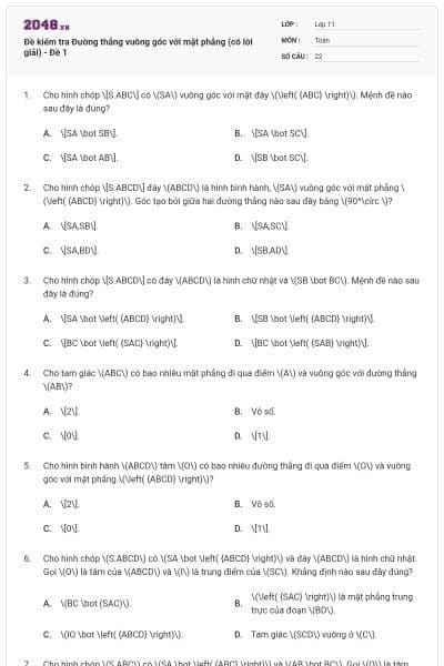 Đề kiểm tra Đường thẳng vuông góc với mặt phẳng (có lời giải) - Đề 1