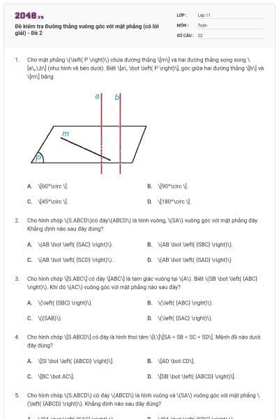 Đề kiểm tra Đường thẳng vuông góc với mặt phẳng (có lời giải) - Đề 2
