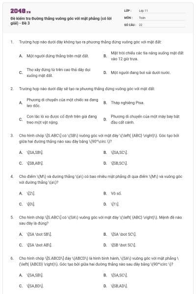 Đề kiểm tra Đường thẳng vuông góc với mặt phẳng (có lời giải) - Đề 3