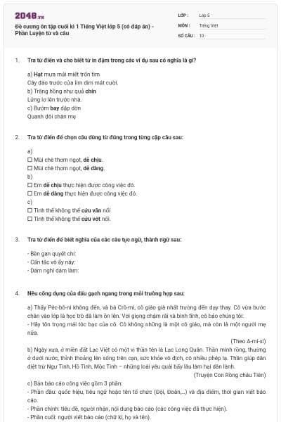 Đề cương ôn tập cuối kì 1 Tiếng Việt lớp 5 (có đáp án) - Phần Luyện từ và câu
