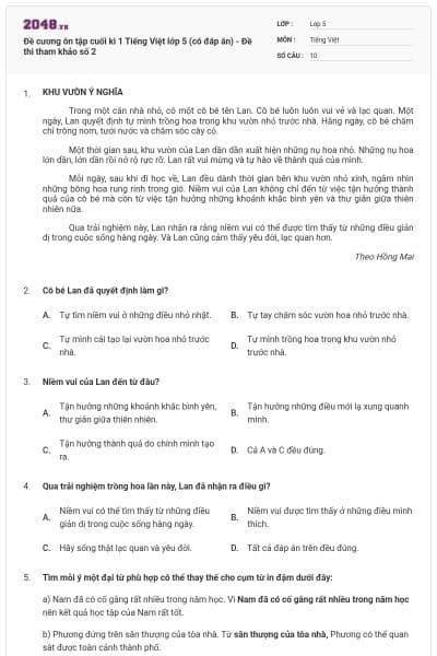 Đề cương ôn tập cuối kì 1 Tiếng Việt lớp 5 (có đáp án) - Đề thi tham khảo số 2