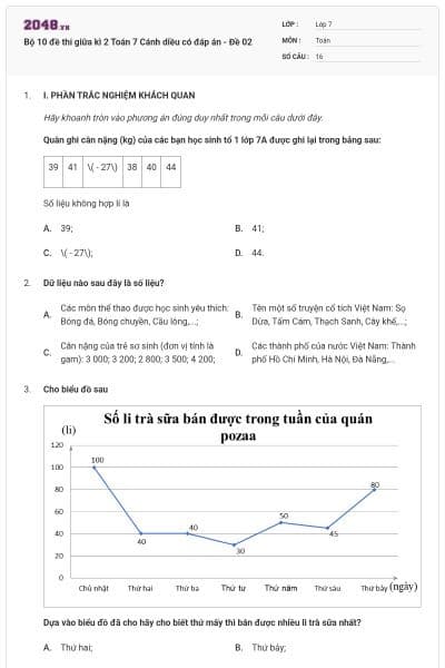 Bộ 10 đề thi giữa kì 2 Toán 7 Cánh diều có đáp án - Đề 02