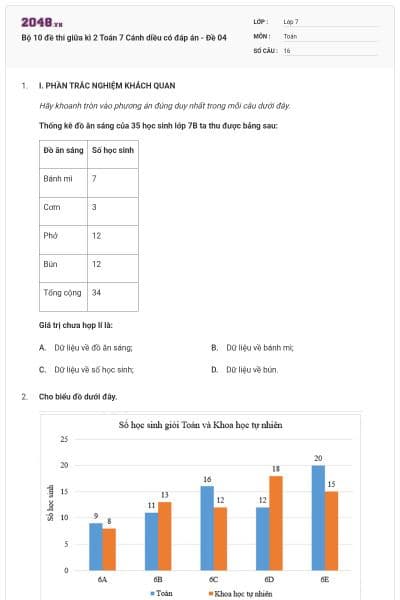 Bộ 10 đề thi giữa kì 2 Toán 7 Cánh diều có đáp án - Đề 04