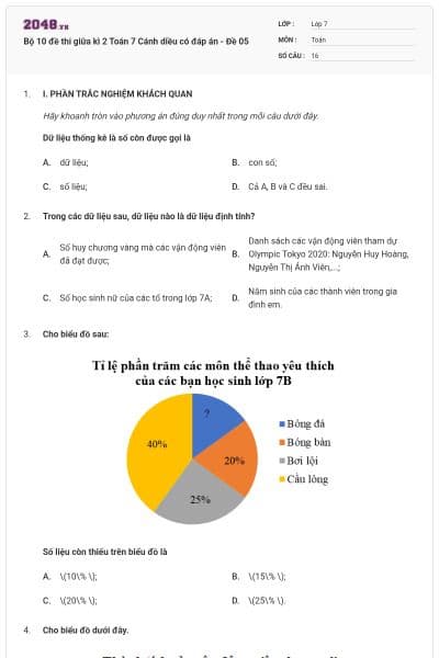 Bộ 10 đề thi giữa kì 2 Toán 7 Cánh diều có đáp án - Đề 05