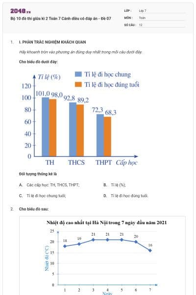 Bộ 10 đề thi giữa kì 2 Toán 7 Cánh diều có đáp án - Đề 07