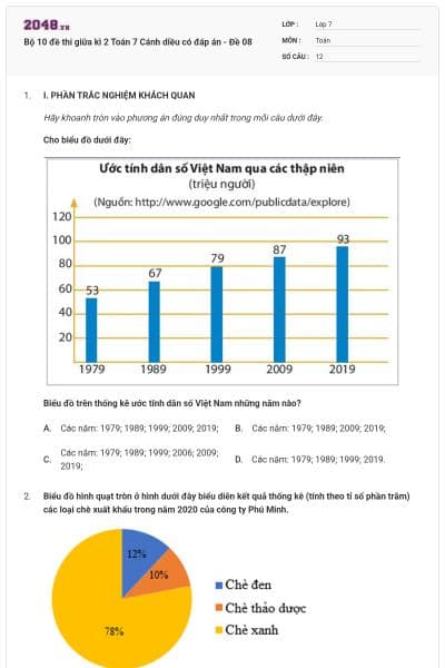 Bộ 10 đề thi giữa kì 2 Toán 7 Cánh diều có đáp án - Đề 08