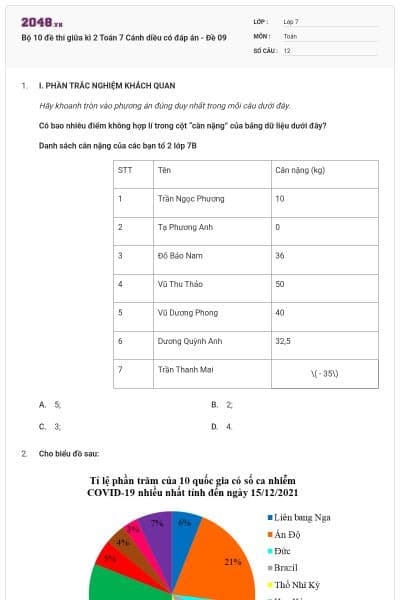 Bộ 10 đề thi giữa kì 2 Toán 7 Cánh diều có đáp án - Đề 09