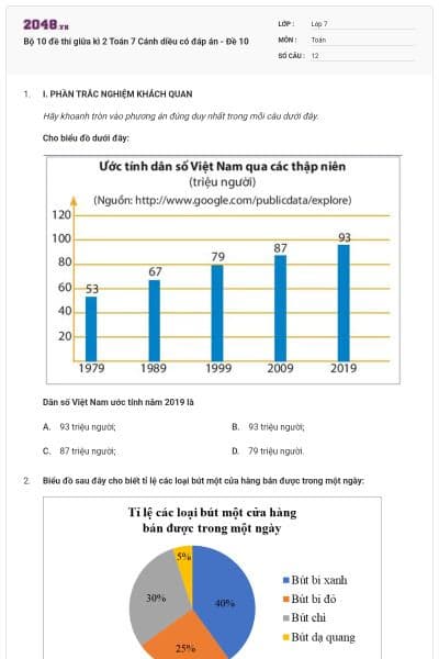 Bộ 10 đề thi giữa kì 2 Toán 7 Cánh diều có đáp án - Đề 10