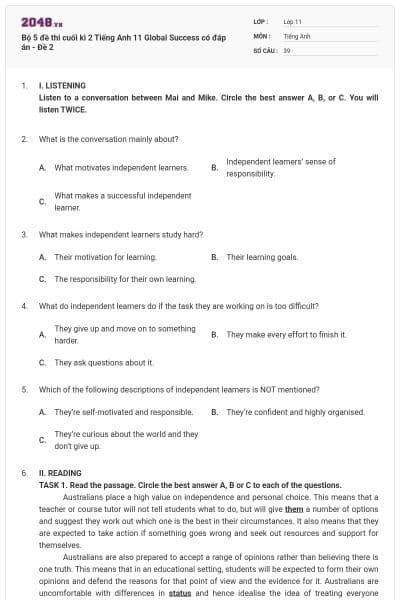 Bộ 5 đề thi cuối kì 2 Tiếng Anh 11 Global Success có đáp án - Đề 2