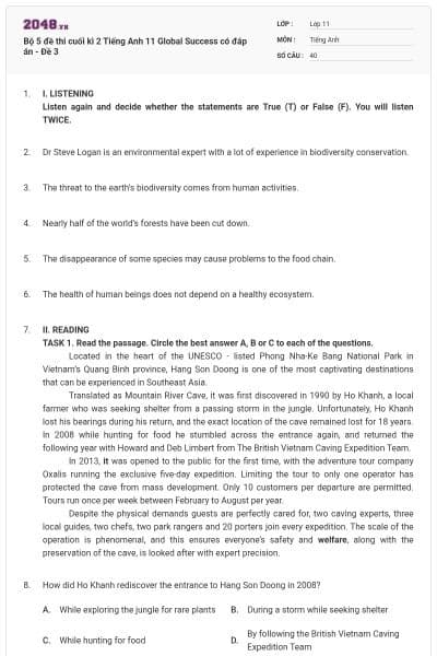 Bộ 5 đề thi cuối kì 2 Tiếng Anh 11 Global Success có đáp án - Đề 3