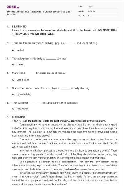 Bộ 5 đề thi cuối kì 2 Tiếng Anh 11 Global Success có đáp án - Đề 4