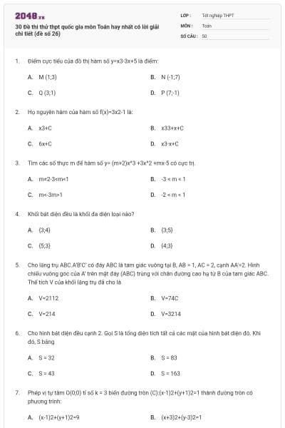 30 Đề thi thử thpt quốc gia môn Toán hay nhất có lời giải chi tiết (đề số 26)