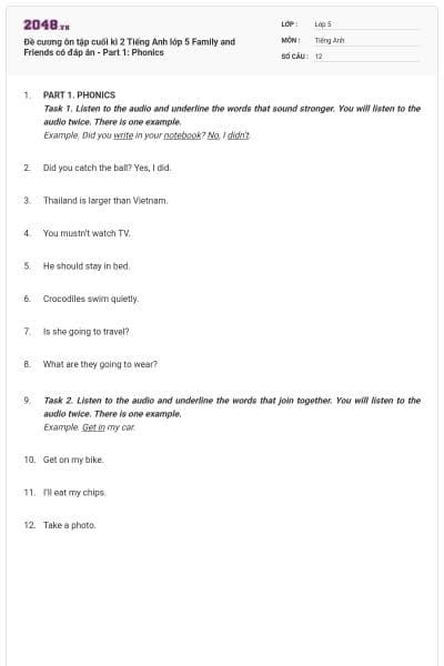 Đề cương ôn tập cuối kì 2 Tiếng Anh lớp 5 Family and Friends có đáp án - Part 1: Phonics